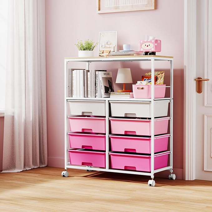 8 Drawers Rolling Storage Cart with Wooden Top, Multipurpose Utility Cart with Opening Shelf & Lockable Wheels, Storage Drawer Cart Organizer for Home Office Craft Room Classroom, Pink