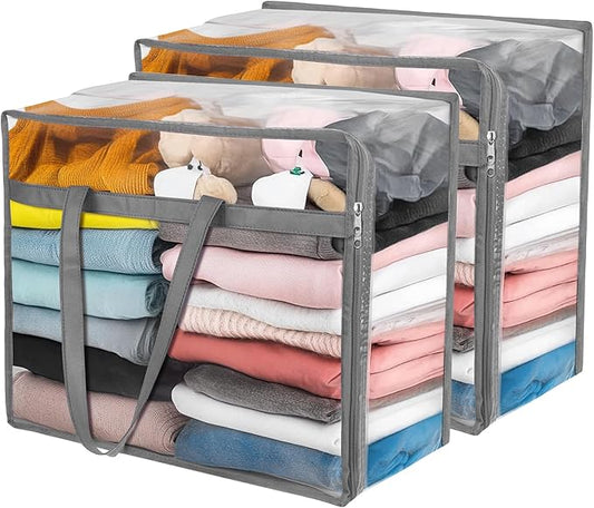Budding Joy Clear Zippered Storage Bags for Clothes,40L Closet Organizers and Storage Containers Vinyl Moving Bag for Bedding, Linen, Blankets, Comforters, Clothing & Toys, Grey, 2 Pack-NeatNest