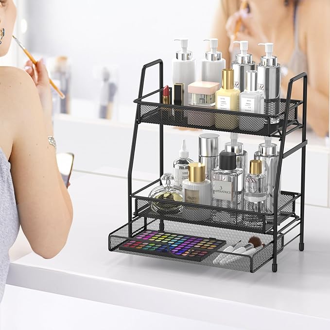 2-Tier Bathroom Organizers and Storage with Drawer, Bathroom and Makeup Organizer Countertop, Easy to Install, Ideal for Bathroom Storage, Vanity, Large Skincare, Perfume, Present, and More,Black