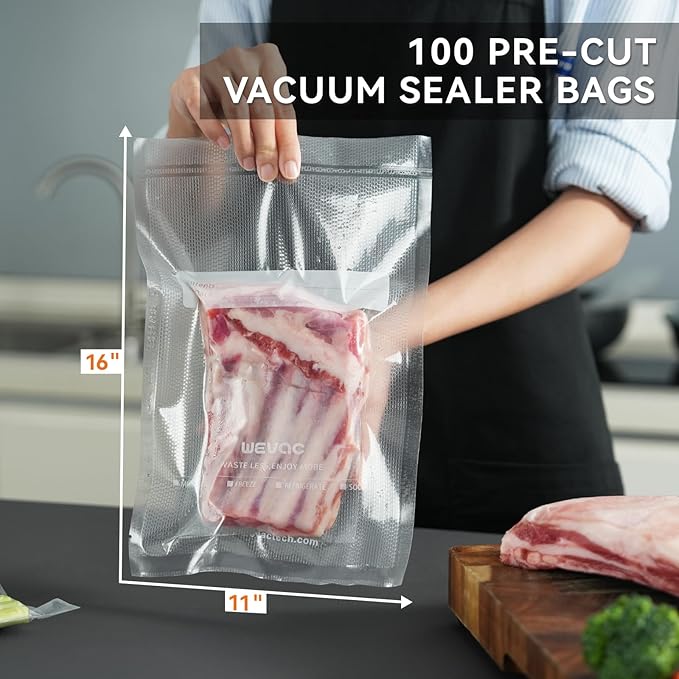 11" x 16" Precut Vacuum Sealer Bags, 100 Count, Includes 5 Liquid Block Bags & 5 Bone Guard Pieces, Heavy Duty for Food Storage, Sous Vide & Meal Prep, Wevac Core-NeatNest