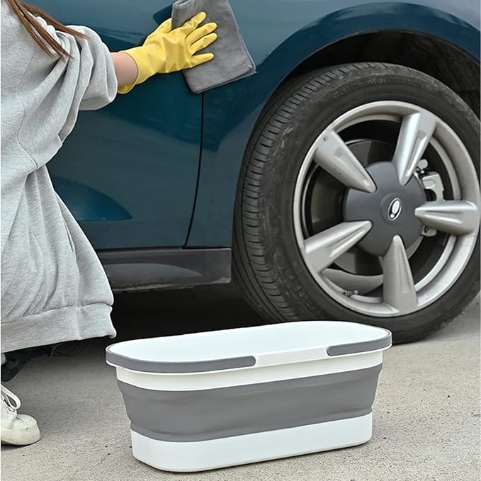 Collapsible Plastic Bucket with Wheels 12L (3.17 Gallon) for House Cleaning, Camping, and RV - Multi-Purpose Rectangular Handy Basket for Cleaning Mop - Lightweight and Portable (Grey)-NeatNest