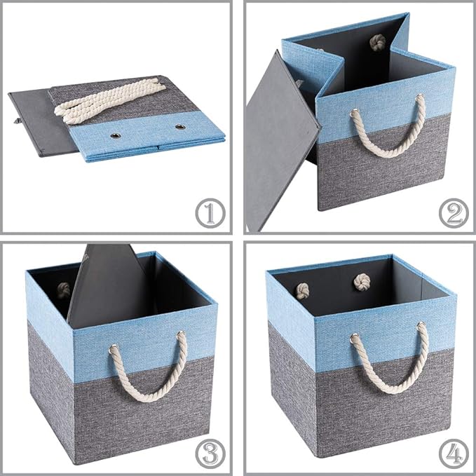 PRANDOM Large Foldable Cube Storage Bins 11x11 inch [2-Pack] Fabric Linen Storage Baskets Cubes Drawer with Cotton Handles Organizer for Shelves Nursery Closet Bedroom Blue-NeatNest