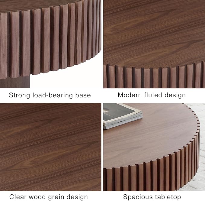 31" Round Coffee Table for Living Room, Mid Century Modern Coffee Table with Sturdy Pedestal, Circle Center Table Accent Tea Table for Apartment Walnut
