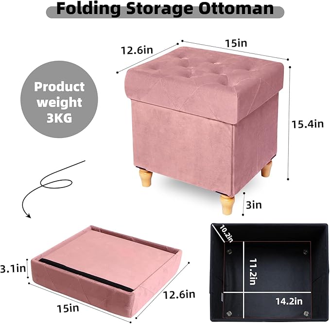 CAROLMADE Folding Storage Ottoman Cube Velvet Footstool with Wood Legs Ottoman Footrest for Living Room and Bedroom Pink, Grey 15"x12.6"x15.4"-NeatNest