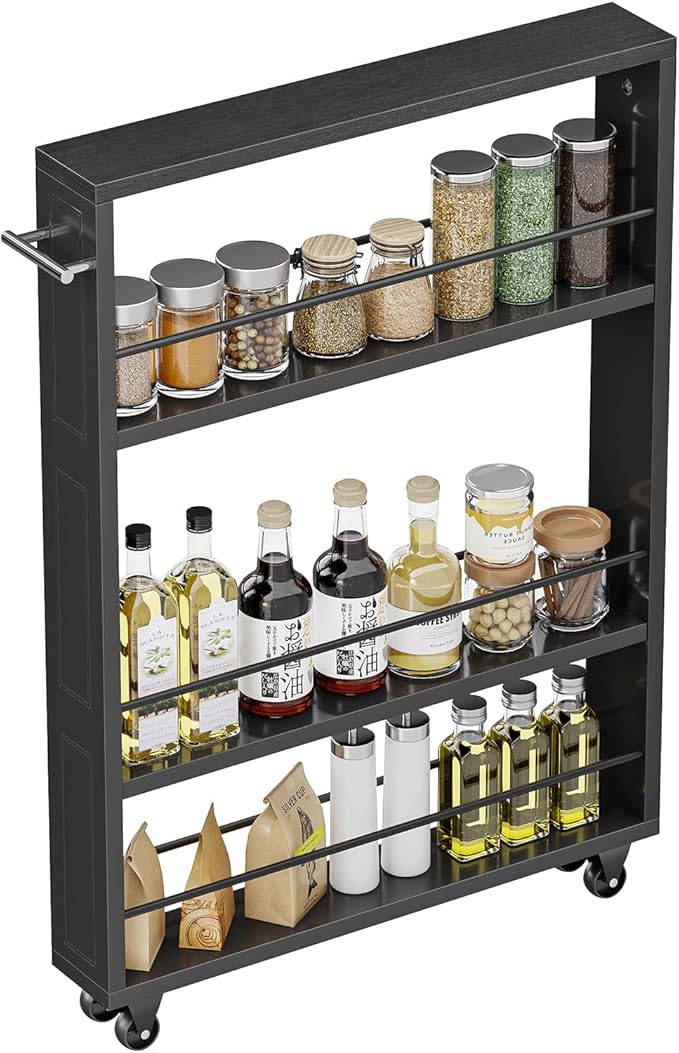 KLM Rolling Storage Cart 4-Tier Black Kitchen Cart with Wheels, Slim Storage Cart with Handle Slide Out Utility Cart Shelving Unit Organizer Trolley for Laundry Narrow Places Bathroom Small Corner