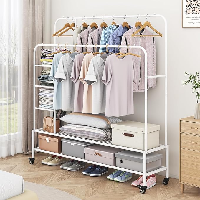 Garment Rack for Hanging Clothes Rack Heavy Duty Portable with Bottom Metal Shelf Drying Coats Shirt,Black (White+Double Rods+Shelf)-NeatNest