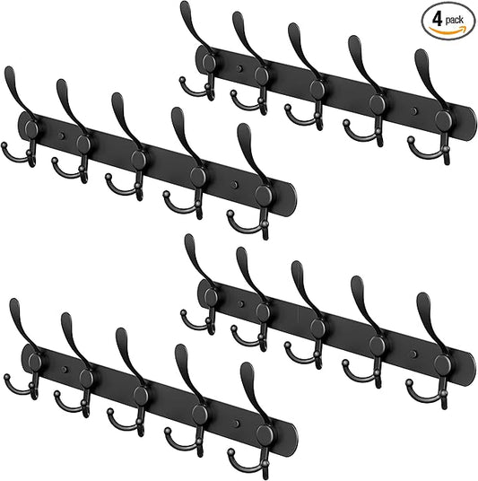 Coat Rack Wall Mount with 5 Tri Hooks, Stainless Steel 16 Inch – Black Matte Finish, Heavy Duty Wall Mounted Hook Rack for Coats, Hats, Towels, Scarfs, Robes, Bags, Entryway & Bathroom - 4 Pack-NeatNest