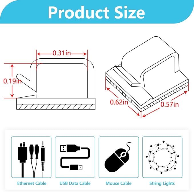 100PCS Adhesive Cable Clips, Wire Holder Organizer Cord Management, Cable Staples Outdoor Strong Cord Clips for Wall, Desk, Christmas Lights, String Lights, TV PC Ethernet Cable, Black Small-NeatNest