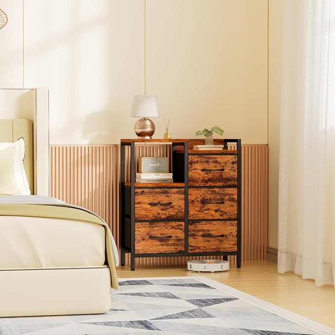 Furnulem 5 Drawer Rustic Brown Dressers for Bedroom 2 Tier Shelf Storage Small Fabric Dresser for Closet Sturdy Metal Frame Modern Style Storage Cabinets Organization Units for Hallway Rooms-NeatNest