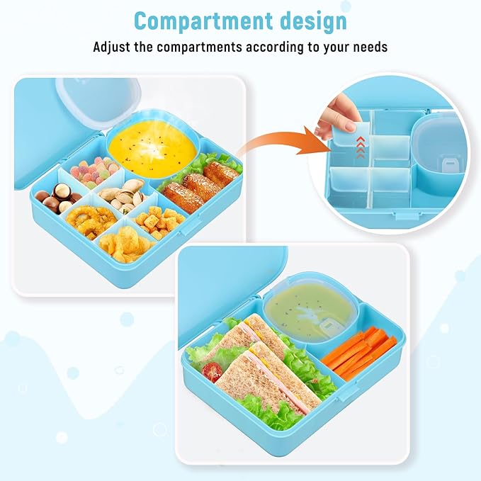 2 Pack Snackle Box Container for Kids,Adjustable Compartments,Reusable Snack Containers with Lids,Easy-Open Latch,Lunch Food Containers,Dishwasher Safe,Leak-Proof Silicone Ring(2 Pack- Blue)-NeatNest
