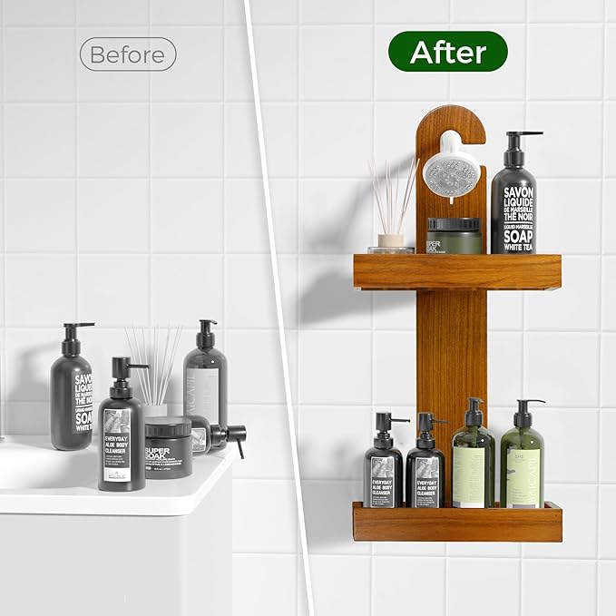 Utoplike Teak Shower Caddy over Shower Head, Bathroom Organizer Hanging, Wood Standing Shower Shelf Holder for Shampoo, Soap, Towels, No Drilling