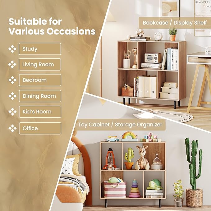 4 Cube Bookcase, Wood Storage Organizer with 4 Metal Legs, Bookshelf with Storage, Cubical Storage Shelf, Wooden Book Shelf, Display Shelves for Bedroom, Living Room, Entryway