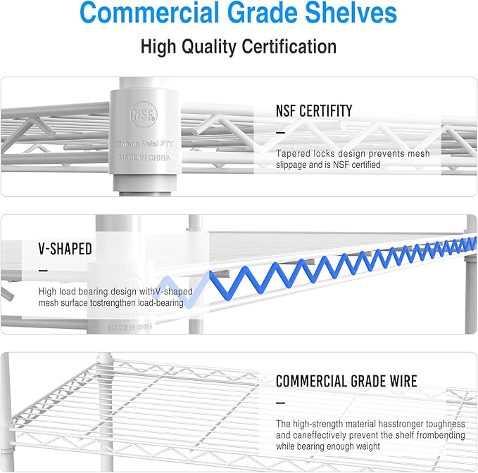 3 Tier NSF Wire Shelf Shelving Unit, 18 x 48 x 48 Inch 1050lbs Capacity Heavy Duty Adjustable Storage Metal Rack with Leveling Feet & Shelf Liners, Ideal for Garage, Kitchen, Office and More - White