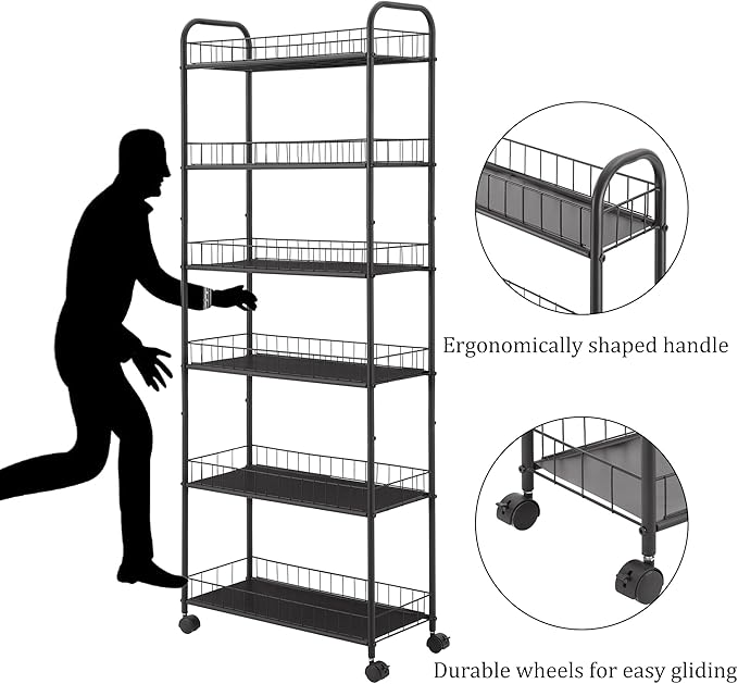 6-Tier Storage Cart Wire Slim Shelving Shelf with Wheels for Small Spaces, Rolling Tall Organizer Storage for Bathroom, Kitchen, Home, Garage, Bedroom, Closet (Black, 10“D)
