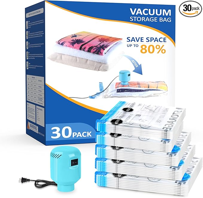 ZPP Vacuum Storage Bags with Electric Pump, 30 Pack (6 Jumbo, 6 Large, 6 Medium, 6 Small, 6 Roll Up Bags) Vacuum Seal Bags for Clothes, Mattress, Blanket, Comforters, Travel, Moving-NeatNest