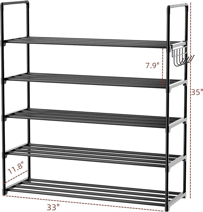 Metal Shoe Organizer,5 Tiers Shoe Storage Shoe Rack with Hooks,Fit 20-25 Pairs,Adjustable Shoe Shelf for Entryway,Hallway,Bedroom,Metal Bottom Support-NeatNest