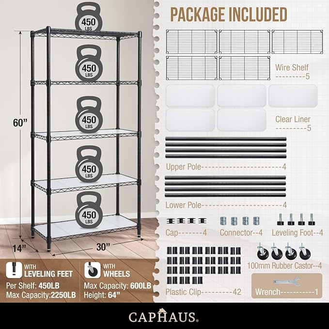 CAPHAUS NSF Commercial Grade Heavy Duty Wire Shelving w/Wheels, Leveling Feet & Liners, Metal Shelf, Garage & Utility Storage, 5-Tier 30x14x64-NeatNest