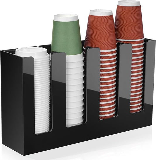 MYITYARD Coffee Cup Holder, Cup and Lid Organizer fits 5 to 16 oz Disposable Paper & Plastic Cups, Cup Dispenser Countertop, Coffee Bar Accessories for Bathroom, Kitchen, Office (4 Compartment)