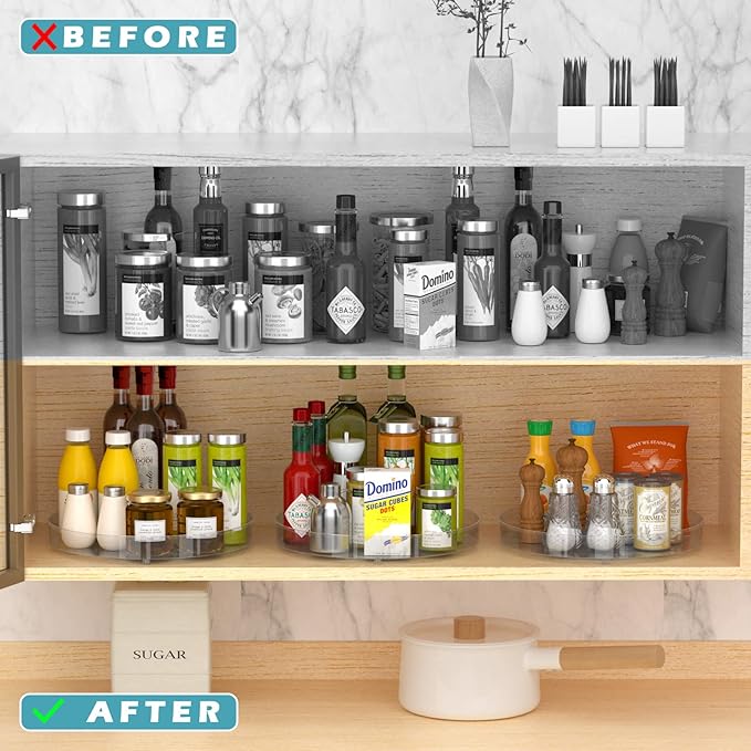 Benzoyl Lazy Susan Spice Rack, 3 Pack 10.6'' Round Plastic Clear Rotating Turntable Organization, Spinning Organizer Spices Condiments Container Bins for Cabinet, Pantry, Fridge, Countertop, Kitchen