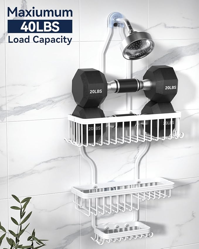 YASONIC Shower Caddy Hanging - Never Rust Shower Organizer - Aluminum over The shower head caddy with 10 Hooks for Razor/Sponge - Shower Rack with Soap Basket - White