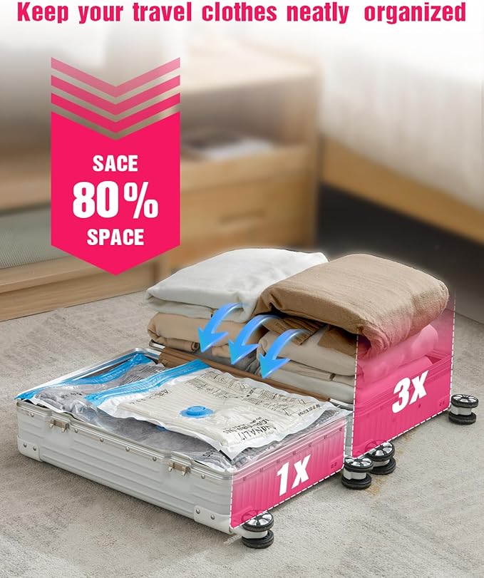 Travel Vacuum Storage Bags with Hand Pump, 8 Pack (4S+4XS) Vacuum Seal Bag Travel Essentials Space Saving Bags for Clothes, Luggage, Carry-on Suitcase, Backpack, Holiday Business Trip-NeatNest