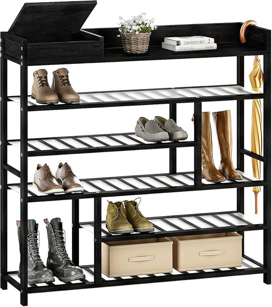 Large Bamboo Shoe Rack with Dust-Proof Pads Spacious 6-Tier Shoe Storage Organizer with Boot Rack and Storage Box Convenient Shoe Rack Shelf for Entryway Closet （Black）-NeatNest