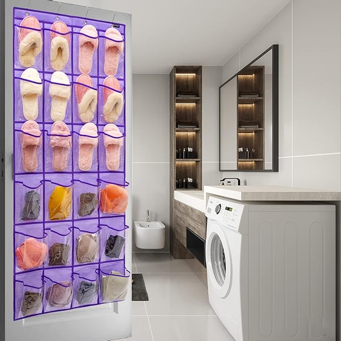 Modern Over the Door Shoe Rack Organizer with 24 Clear PVC Pockets, Purple-NeatNest