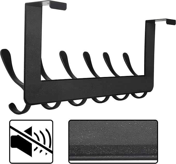 SKOLOO Over The Door Hooks - for Doors up to 4.5cm Thick, No Assembly Required, Stainless Steel Door Hanger with 6 Hooks, Over The Door Hanger for Coats Clothes Hat Towel Jacket, Black