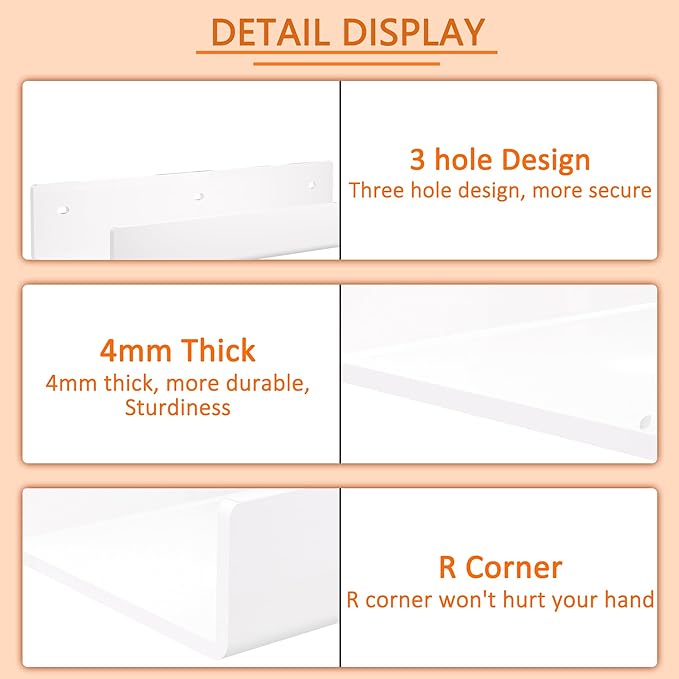 12 Inches White Acrylic Wall Shelves 2 Pack, Acrylic Bookshelf for Wall. Wall Mounting Shelf for Living Room-NeatNest