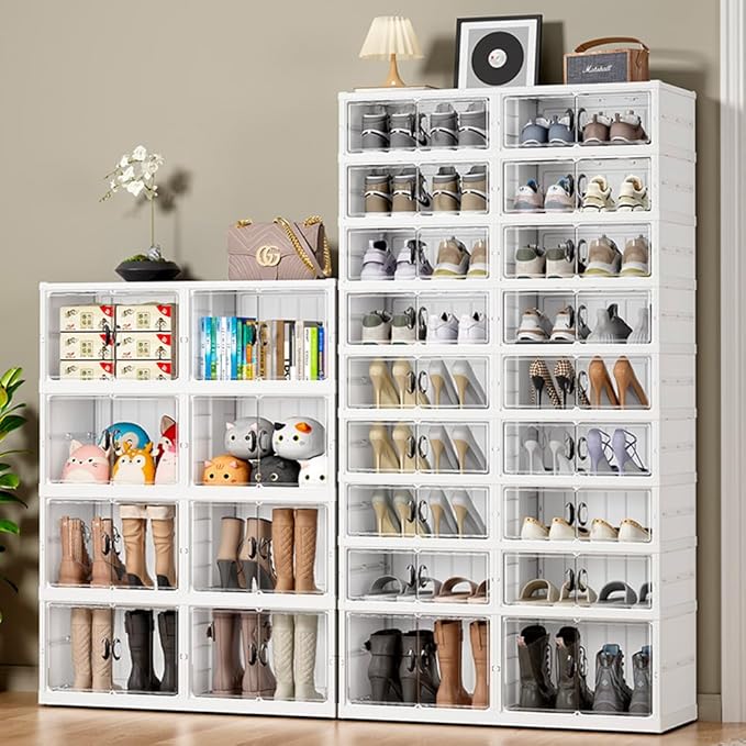 Shoe Rack Shoe Box Collapsible 9 Tiers 36 Pair Face Width 35.8" Storage Organizer, Large Containers Cabinet with Magnetic Clear Door and Wheels, Dustproof Sneaker&Boot Plastic Lid Tote, White-NeatNest