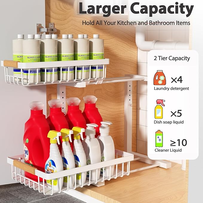 Under Sink Organizer Storage 1 pack, 2 Tier Slide Out Height Adjustable Pull Out Cabinet Organizer Drawers, Kitchen Bathroom Large Capacity Metal Under Sink Rack Caddy Basket Shelves, White-NeatNest