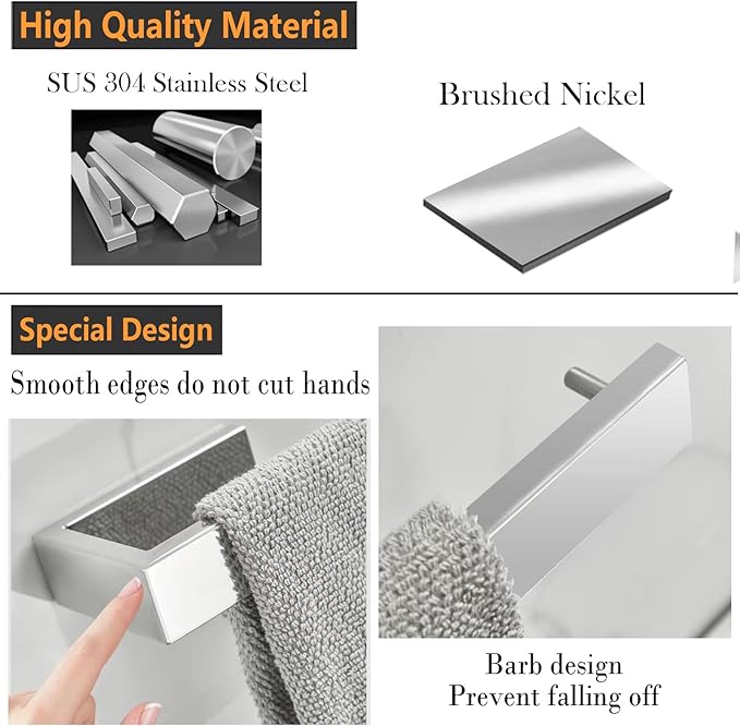 Hand Towel Holder, Towel Ring - Thicken SUS 304 Stainless Steel Towel Holder for Bathroom Wall, 8" Rectangular Modern Design Hand Towel Bar, Contemporary Hand Towel Rack - Brushed Nickel