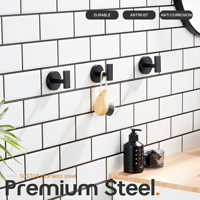 Robe Hook Matte Black Bath Towel Hooks Stainless Steel Wall Hooks for Bathroom Kitchen Closet Garage Door Hanger 3 Pack, AN1001MB-P3