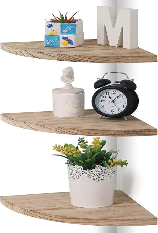 Corner Wall Shelves, Wood Corner Floating Shelves with Cable raceway, Wall Mount Storage Display for TV Accessories, Monitor, Speaker, Cable Box, Game Console (Carbonized, Fan-Shaped- 10 Inch)-NeatNest