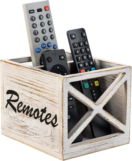 FARM IN Remote Control Holder,TV Remote Holder,Remote Caddy,Solid Wood Remote Control Holder with Cursive Letters Design, Whitewashed Solid Pine Wood with Black Cursive Letters Remotes-NeatNest