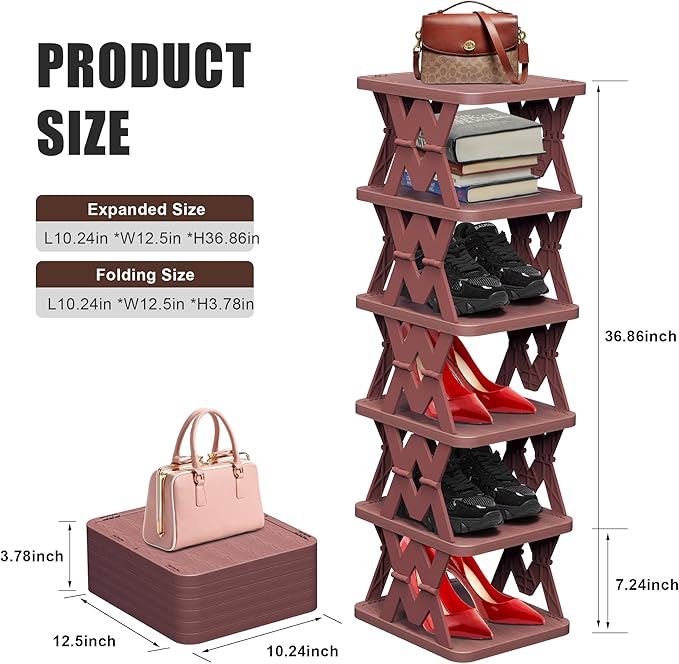 Small Shoe Rack, 6 Tier Foldable Shoe Organizer Without Assembly, Fake Wood-Pattern Match Floor Well, for Entryway, Front Door Entrance, Bedroom, Brown-NeatNest