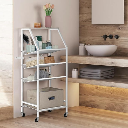 5 Tier Bathroom Towel Rack Cart with Wheels Metal Wood Rolling Utility Cart with Storage Shelves for Home Living Room Bedroom Kitchen, White