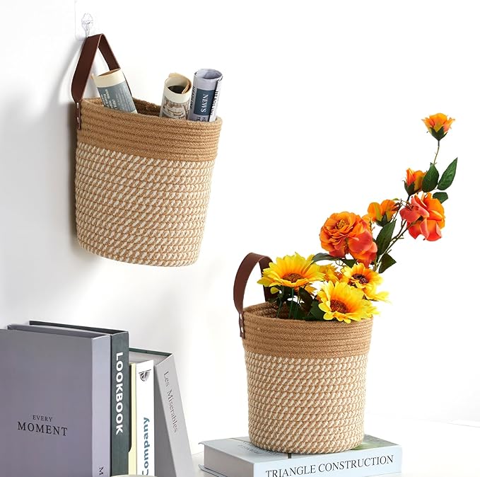 DULLEMELO Wall Hanging Basket 7 X 8 Inches Hanging Storage Baskets for Decor, Set of 2 Woven Storage Baskets,Wall Baskets for Storage Entryway Wall Decor,Jute&Khaki-NeatNest