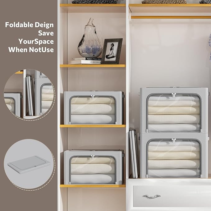 4 Pack Clothes Storage Bins - Oxford Fabric Metal Frame Storage Box - Foldable Stackable Container Organizer Set with Clear Window & Carry Handles & Zippers (Grey, 19.7"x15.7"*13")-NeatNest
