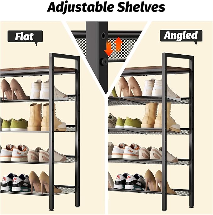Shoe Rack for Front Door Entrance, 5 Tier Shoe Rack for Entryway, 16-20 Pairs of Shoes, Metal Shoe Rack Organizer, Free Standing Shoe Rack for Closet (Black+Rustic Brown)-NeatNest