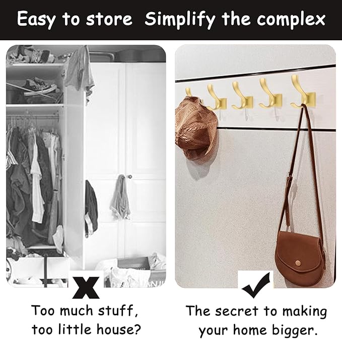 2 Pack Towel Holder for Bathroom Wall Hooks, Shower Bath Towel Rack Holder, Robe Hook Heavy Duty Coat Hooks Entryway Wall Mounted for Hanging Key Robe Hat Backpack (Golden)
