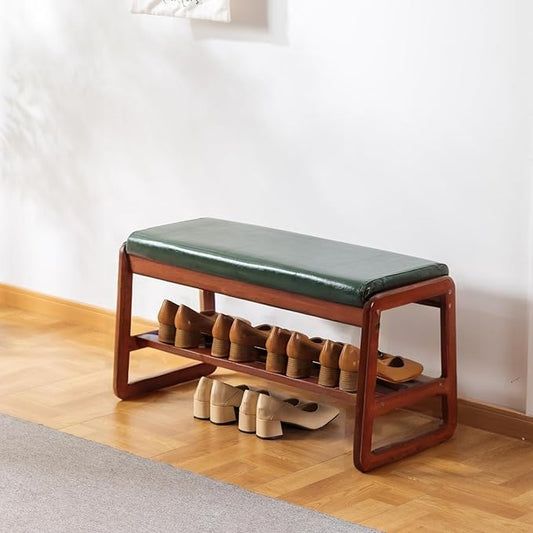 Solid Wood Shoe Bench, 2-Tier Wooden Entryway Bench, Modern Shoe Rack with Faux Leather Cushion for Hallway, Living Room (Green, 31.5'')
