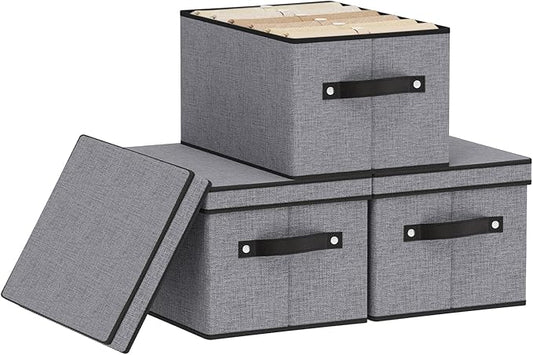 Fabric Storage Boxes, 7.1 x 9.1 x 13 Inch Baskets for Shelves with Lids, Wardrobe Organiser with Handles, Decorative Linen Closet Organizer Bins, Gray, 3 Pack-NeatNest