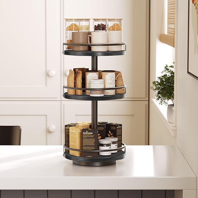 HOOBRO Lazy Susan Organizer, Rotating Spice Rack, 3-Tier Organizer, Turntable Spice Rack, Vertical Storage Organizer, for Kitchen Countertop, Vanity, Dining Table, Black BB09TL01-NeatNest