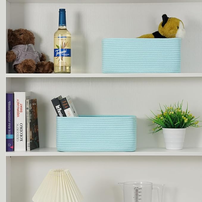 3-Pack Storage Baskets for Organizing | Woven Shelf Toy Basket | Rope Baskets for Gifts Empty | Closet Organizer Bins with Handles | Cube Decorative Box | 13.7×7.1×6.7” | Light Blue-NeatNest