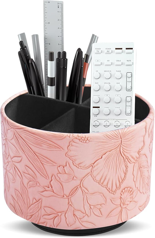 Hennaja Round Leather Art Supply Organizer,Remote Control Holder,360 Degree Spinning,Multi-Functional Pencil Holder,4 Compartments Desktop Stationary Organizer(1-Carved Pink)-NeatNest