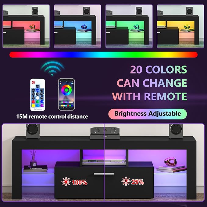 Clikuutory Modern Lighting 51 inch TV Stand with Large Storage Drawer for 32 40 50 55 Inch TVs, TV Console with 20 Color LED Lights, Entertainment Center Media and Open Shelf for Bedroom, Black-NeatNest