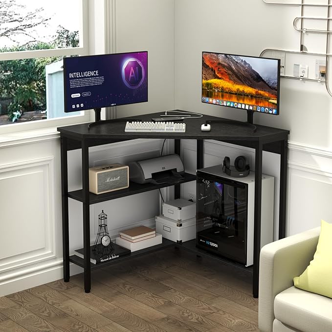 Corner Desk with Outlets & USB Ports, 90 Degree Triangle Corner Table with CPU Stand & Storage Shelves for Small Space, Computer Table with Charging Station for Home Office Bedroom (Black)-NeatNest
