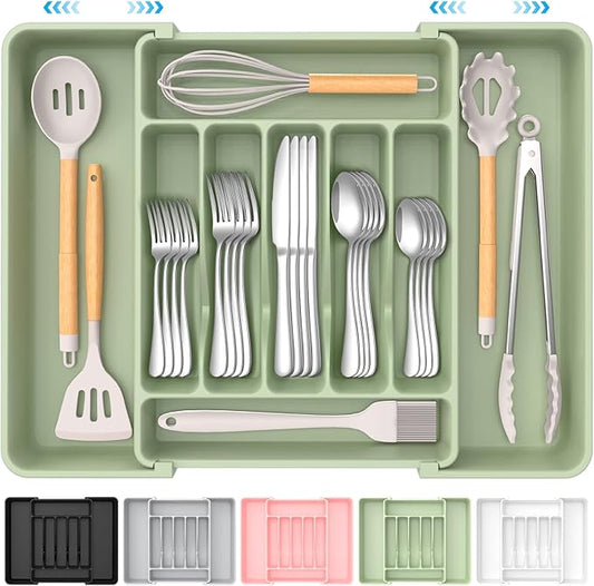 Extra Large Expandable Silverware Organizer, BPA-Free Food-Safe Cutlery Flatware Organizer, Kitchen Utensil Drawer Organizer, Adjustable Silverware Holder for Spoons Forks Knives, Green-NeatNest