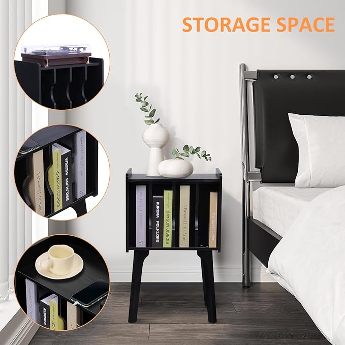 EOYUTLLY Mid Century Modern Nightstand End Table Side Table with Storage ，Wood Small Side Coffee Table for Living Room and Bedroom,Black (Without Socket, Black)
